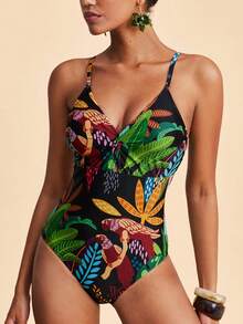 Travachic Maillot de bain une pièce sexy imprimé plante tropicale pour femmes, tenue de plage, tenues de plage pour femmes, Nouvel An, Noël, été, bikinis de plage d'été pour femmes, tenue d'été pour femmes, maillots de bain modestes, vacances, fleur, graphique, fête, plage, élégant, luxe, chic, tenues de vacances