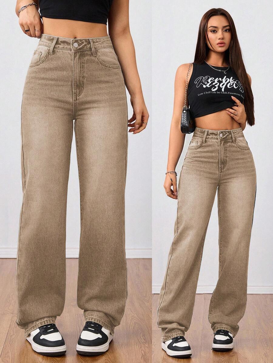 SHEIN Tall Women's High Waist Boyfriend Jeans, Faded Light Blue Washed Y2K Style Denim Pants - Khaki - View 1
