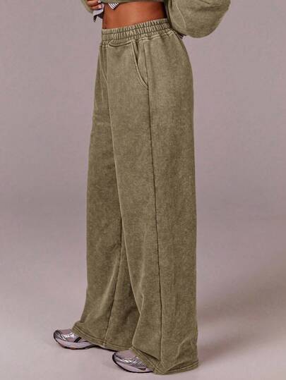 Athîral Women's Solid Color Elastic Waist Pockets Casual Wide Leg Sweatpants