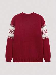 Open Phase 男士休闲百搭格子圣诞嵌花针织套头毛衣，适合春、秋、冬三季穿着。 - 紅色 - 查看 2