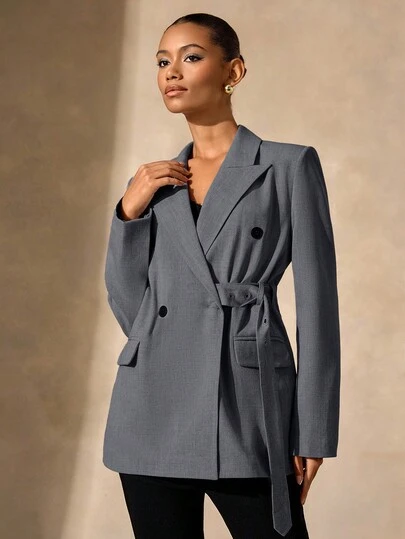 RueChic Women Solid Color Belted And Button Detailed Blazer Jackets