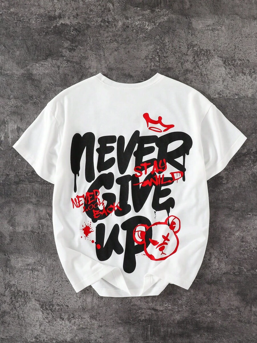 Coolqubz Summer Boys' Street Fashion Casual Versatile Letter Graphic Print Loose Knit Short Sleeve T-Shirt - White - View 1