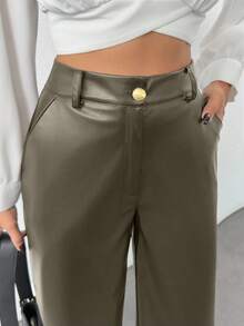 Plus Size Women's Gold Button Detailed Straight Fit Leather Pant - Green - View 3
