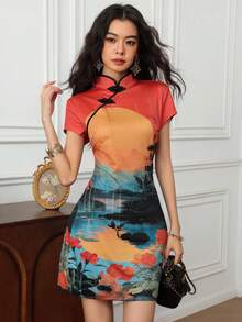 EastFlair Women's Elegant Landscape Printed Chinese Style Cheongsam Dress, Summer Chinese Style Dress