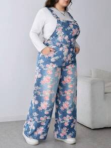 SHEIN CURVE+ Áo liền quần yếm dáng rộng in hoa, có túi, đa năng, thích hợp cho mùa xuân hè, ngày lễ tình nhân, lễ hội, đi làm, nghỉ mát, tốt nghiệp, phong cách Y2K, dễ thương, thời trang đường phố, dự tiệc, đám cưới, thanh lịch, công sở, thường ngày, dành cho phụ nữ có thân hình đầy đặn. Áo liền quần denim dáng rộng in hoa có túi dành cho nữ. - Màu xanh lam - Xem 5