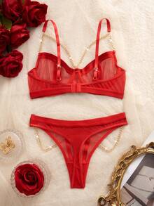 MidnightGlam 2 件圣诞金属链女士内衣套装，性感网眼文胸和内裤套装 - 紅色 - 查看 2