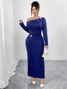 Elenzga Plus Size Royal Blue Autumn Elegant Formal Asymmetrical Shoulder Soft Knit Dress,Shoulder Slit Metal Buckle,Waist Twist Decor,A-Line Hem,Outing Party - Royal Blue - View 3
