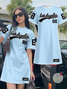 粉色条纹印花休闲中长连衣裙，适合夏季外出、野餐、街头穿搭、上学穿着、舒适居家服。 - 白色 - 查看 5