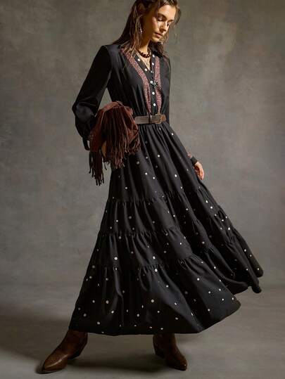 SoleilVie 女士西部波西米亚风长连衣裙，休闲，长袖，复古，牛仔风格，拼接长裙