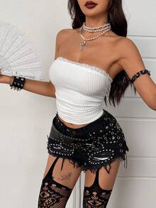 Coolane Women's Spring/Summer Concert Outfit Rave Outfit Festival Going Out Rave Outfit Renaissance Fair Club Outfits Party Chic Y2K Contrast Lace Tube Top - White - View 1