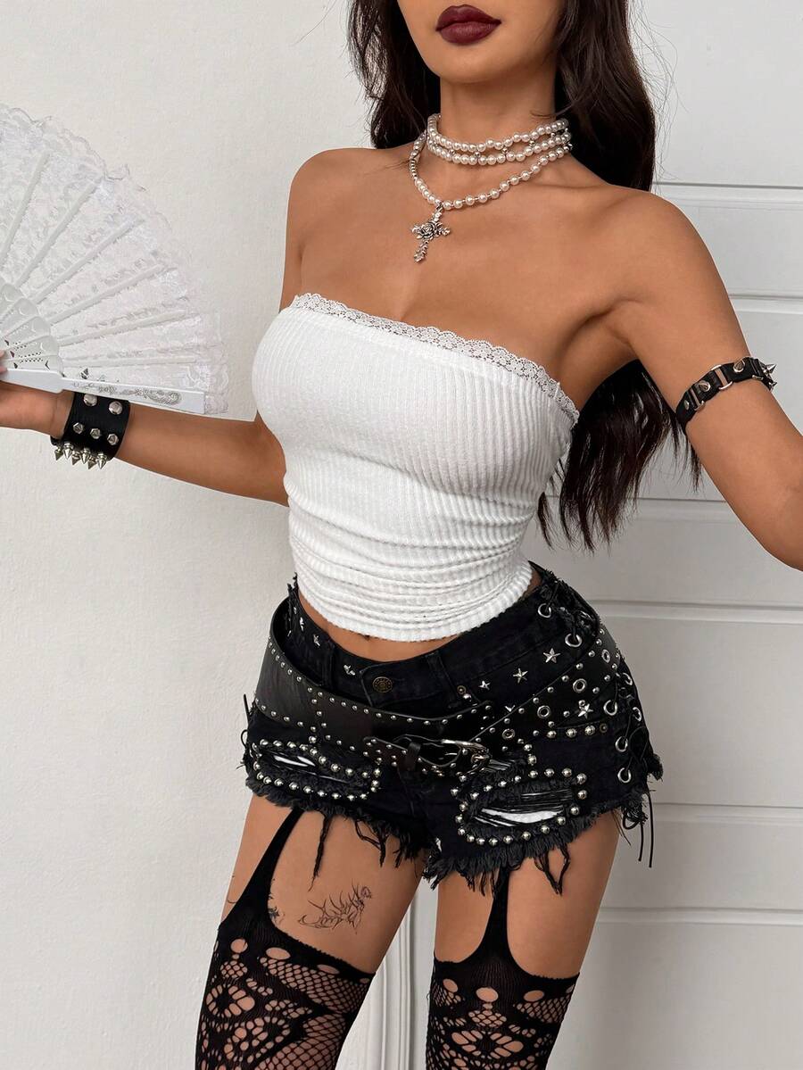 Coolane Women's Spring/Summer Concert Outfit Rave Outfit Festival Going Out Rave Outfit Renaissance Fair Club Outfits Party Chic Y2K Contrast Lace Tube Top - White - View 1