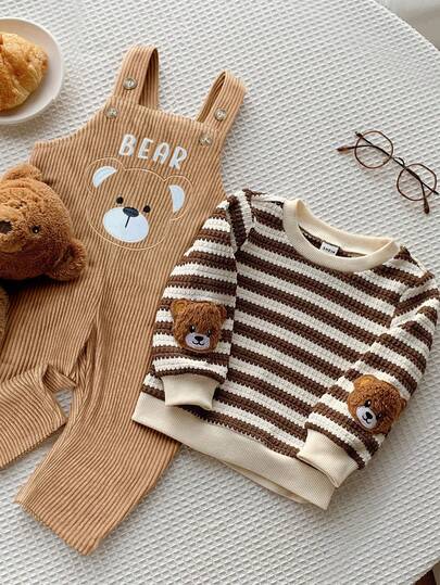 2pcs/Set Baby Boy/Girl Striped Long Sleeve Sweatshirt And Corduroy Bear Romper Outfit, Comfortable Casual Cute Bear Graphic Basic Sweatshirts And Overalls, Suitable For Indoor, Outdoor, Daily, Sports, Play, Party, Photo Shoot, Festival, Halloween, Christmas, New Year In Autumn/Winter