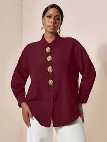 EMERY ROSE Plus Size Black Shirt With Elegant Metal Decor Button - Burgundy - View 3