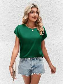 EMERY ROSE Solid Batwing Sleeve Satin Blouse,Short Sleeve Tops - Green - View 4