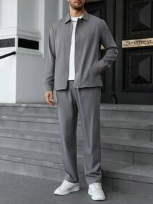 Manfinity CasualCool Plus Size Men's Casual Everyday Commute Simple Solid Color Zip-Up Jacket And Pants Set Mens Two Piece Set Mens 2 Piece Leisure Suits Mens Co-Ord Set Men 2 Piece Set Grey Outfit Men