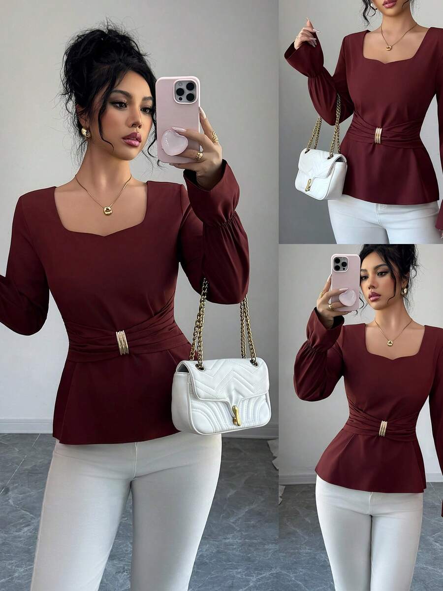 SHEIN Clasi Women's Elegant Brown Top, Fashion Metal Decor Long Sleeve Blouse, Suitable For Christmas, New Year, Thanksgiving, Autumn/Winter - Brown - View 1