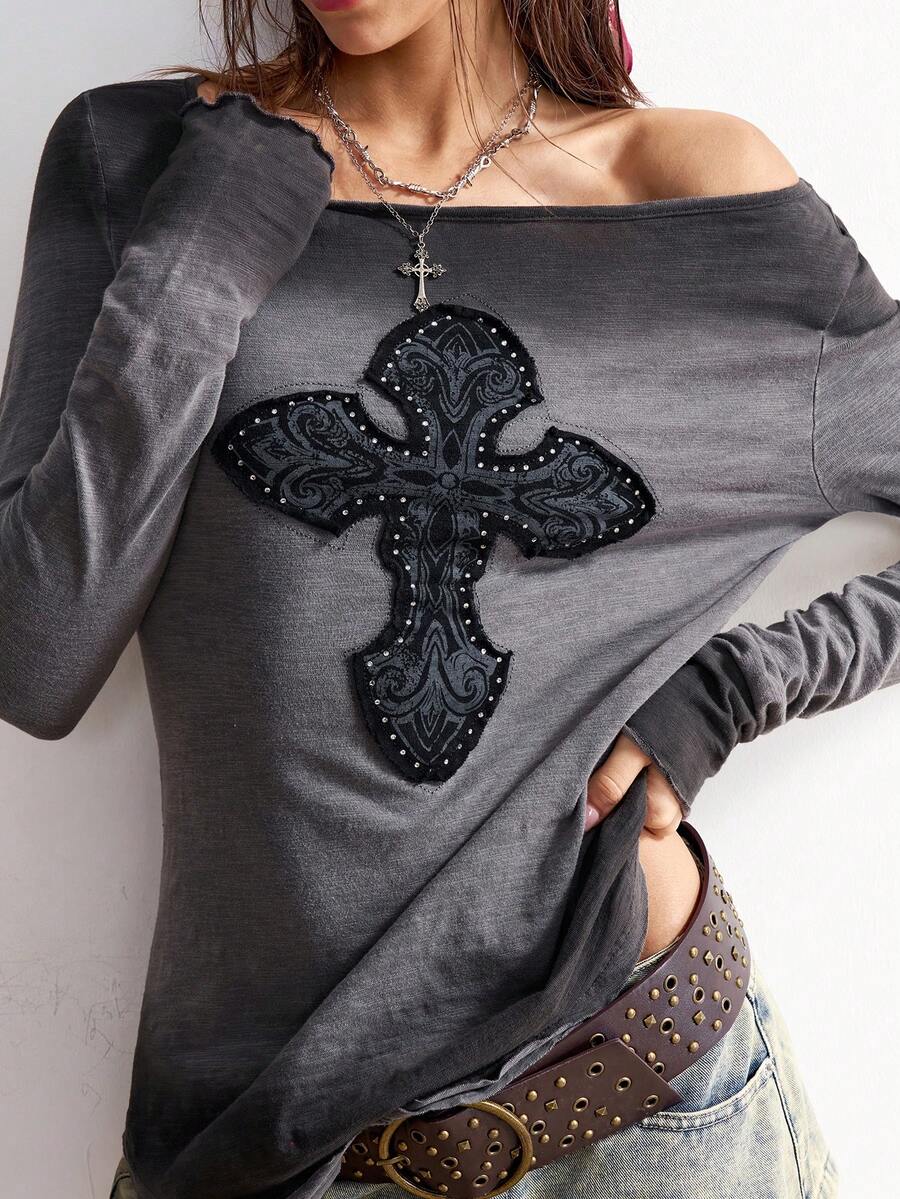 Bohemela Camiseta Feminina Ajustada de Manga Longa com Gráfico de Strass, Decote Barco, Tricô Patchwork Boho Casual