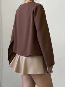 CLARA VERO Women's Dark Brown Asymmetric Draped Coat With Brooch Detail - Brown - View 3