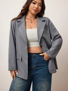 Enliva Plus Size Casual Commuting Grey Plaid Texture Plus Size Long Sleeve Loose Women Blazer Jacket Graduation,Back To School,Teacher Outfits For Women In Fall/Winter, For Apple Rounded Body Shape - Grey - View 4