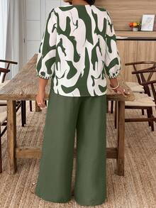 Weeklong 大码女式灯笼袖V领衬衫搭配阔腿裤休闲套装，适合日常、聚会和假日穿着 - 彩色 - 查看 2