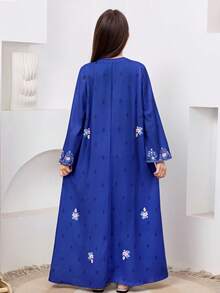 SHEIN 少女传统阿拉伯风格长袍，蓝色印花长裙，中东节日派对服饰 - 藍色 - 查看 2