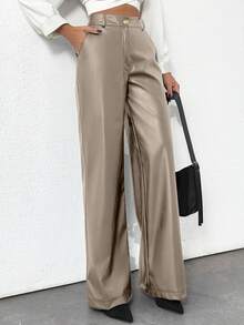 Plus Size Women's Gold Button Detailed Straight Fit Leather Pant - Beige - View 5