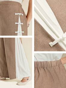 Momelise Plus Size Solid Color Patchwork Waist Decor Button Pleated Elegant Business Casual Pants For Women, Autumn/Winter - Multicolor - View 7