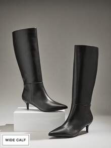 SHUZIA Women's Glamorous Wide-Calf Sexy Pointed Toe Kitten Heel Knee-High Boots - Black - View 7