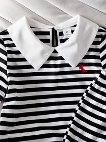 SHEIN Elladie kids Casuvi 儿童两件套 - 黑白条纹针织短袖 Polo 领 T 恤 + 针织阔腿裤，美式休闲复古风，适合春夏日常休闲穿着 - 黑與白 - 查看 4