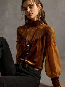 SoleilVie Áo cánh cổ cao ren nhung và tương phản dành cho nữ, Thu/Đông - màu nâu - Xem 6