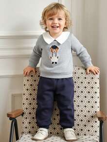 Souflis Souflis 2pcs/Set Young BoyRetro 2025 Autumn/Winter Thickened Light Gray Sweatshirt & Navy Casual Sweatpants Suit - Multicolor - View 1