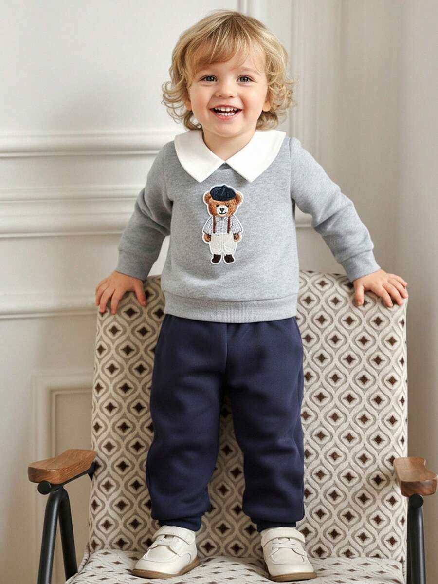 Souflis Souflis 2pcs/Set Young BoyRetro 2025 Autumn/Winter Thickened Light Gray Sweatshirt & Navy Casual Sweatpants Suit - Multicolor - View 1