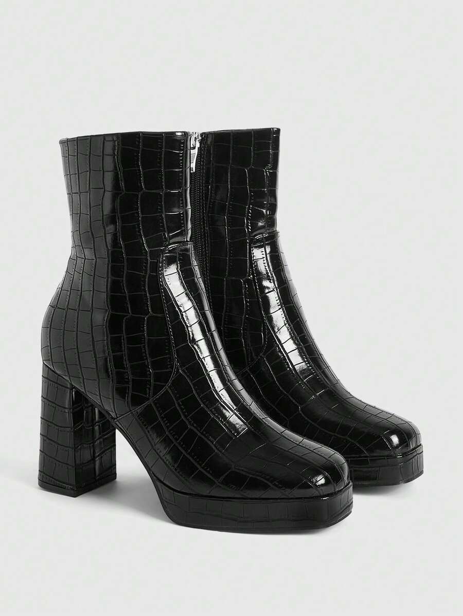 CUCCOO LuxiPop Zipper Closure Fashionable Versatile Casual High Heel Mid-Calf Boots, Suitable For Daily Wear For Christmas - Black - View 1