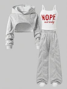 SHEIN ChillGRL 3pcs/Set Tween Girl Casual Outfit, Long Sleeve Cover Up, Letter Print Fitted Camisole, White Versatile Tank Top, Loose Straight Leg Knit Pants, Suitable For School, Everyday Casual Wear, Autumn, Spring, Summer - Grey - View 3