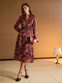 MOTF PREMIUM PAISLEY PRINT FRILL NOTCH NECK CHAIN DETAIL LANTERN SLEEVE PLISSE LONG DRESS - Red - View 6