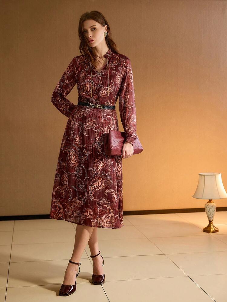 PAISLEY PRINT FRILL NOTCH NECK CHAIN DETAIL LANTERN SLEEVE PLISSE LONG DRESS