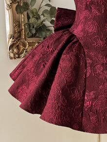Lovelzi Elegant Wine Red Jacquard Fabric Strapless Flared Mini Dress,Detachable Bow Decor At Back,Suitable For Graduation,Wedding,Party,Ball & More - Burgundy - View 8
