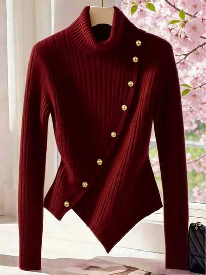 GlowEve 女式纯色不对称下摆高领T恤，秋冬