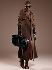 Normani 女士纯色双排扣风衣，通勤风格 - 棕色 - 查看 1