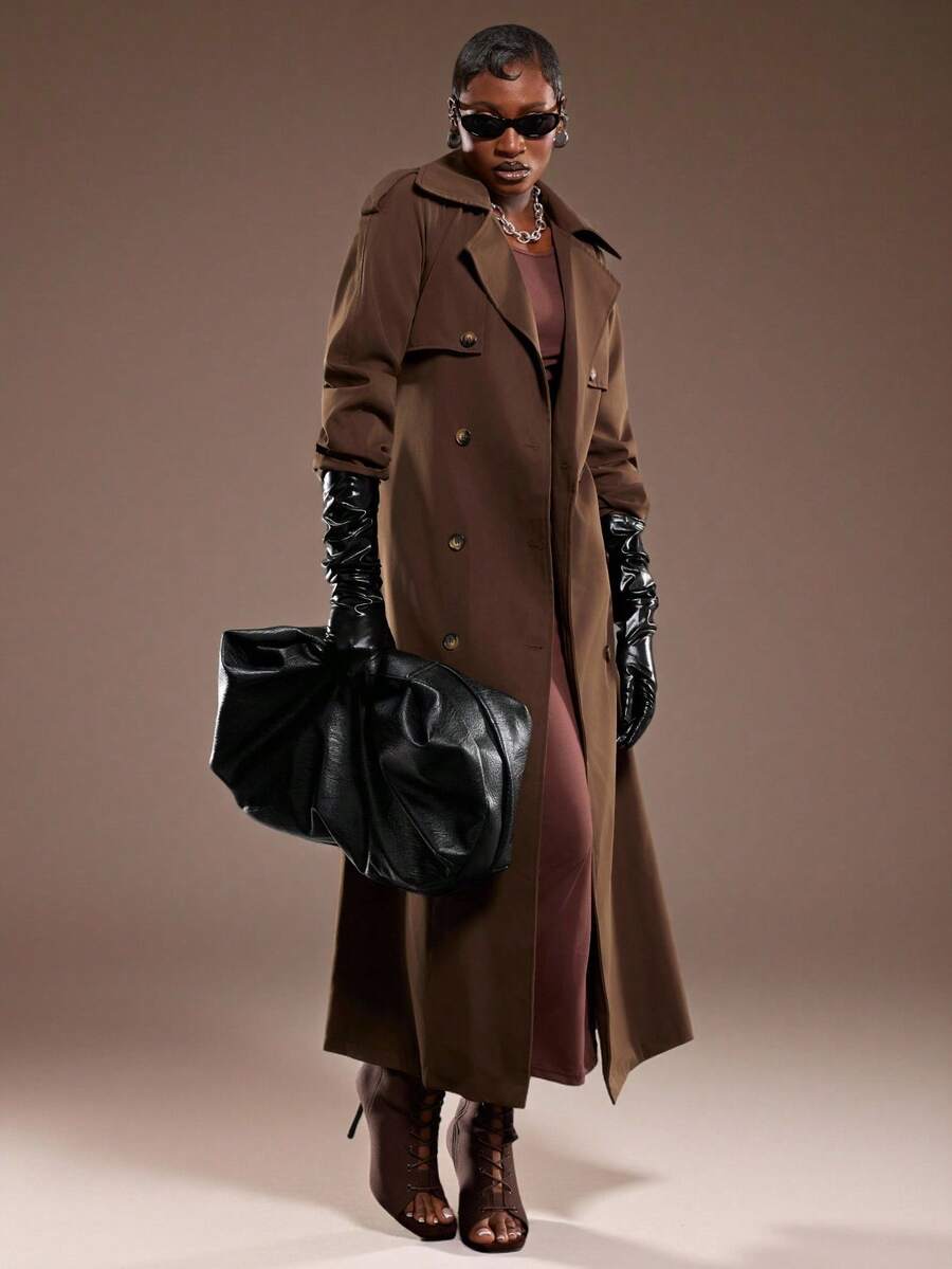 Normani 女士纯色双排扣风衣，通勤风格 - 棕色 - 查看 1