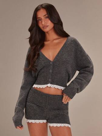 Athîral 女士休闲灰色针织开衫和短裤两件套