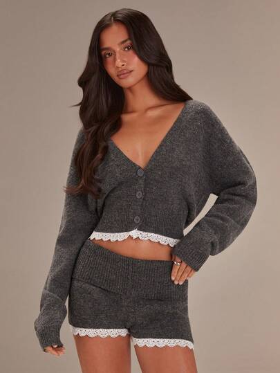 Athîral Women's Casual Grey Knit Cardigan And Shorts Two-Piece Set, With Lace Hem Design, Comfortable And Soft Knit Fabric,Valentine Clothes,Valentine's Day Outfit,Birthday Outfits For Women,Elegant Dress Women,Valentine's Day Set,Vacation Outfits For Women,Grey Set