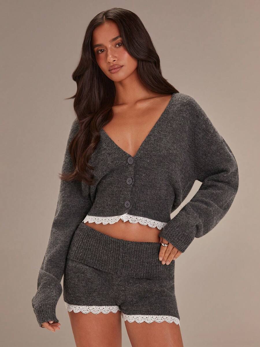 Athîral Set de 2 piezas de cárdigan de punto gris casual y shorts para mujer