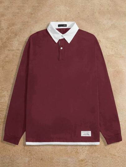 Manfinity NXTstreet 男士字母刺绣撞色休闲通勤针织 Polo 衫，翻领衬衫，酒红色和白色衬衫，男士 Polo 衫，长袖上衣，橄榄球衫，男士长袖 Polo 衫