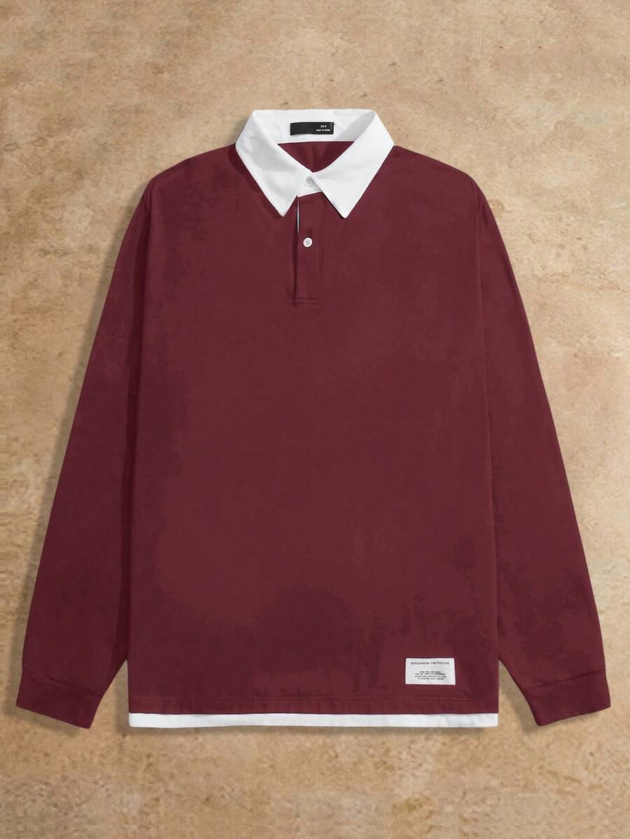 Manfinity VCAY 男士字母刺绣撞色休闲通勤针织 Polo 衫，翻领衬衫，酒红色和白色衬衫，男士 Polo 衫，长袖上衣，橄榄球衫，男士长袖 Polo 衫 - 酒紅色 - 查看 1