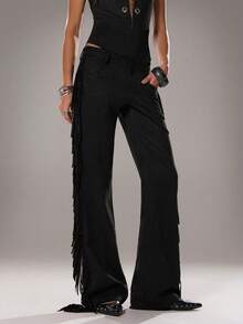 SHEIN TRNDY Women's Casual Flared Leg Faux Suede Fringe Side Pants, Autumn/Winter - Black - View 5