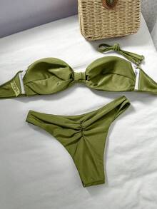 Swim Vcay Bộ 2 chiếc/Bộ đồ bơi gợi cảm dây thừng trang trí màu trơn áo bikini bandeau và quần cắt cao, xuân/hè - Màu xanh Ô liu - Xem 2