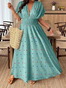 Weeklong Vestido casual de manga corta con estampado de corazones coloridos, cintura fruncida y arrugada para mujer de talla grande - Multicolor - Ver 3