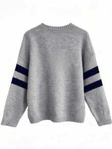 Resyla Women's Casual Colorblock Striped Star Pattern Crew Neck Sweater, Autumn/Winter - Grey - View 2