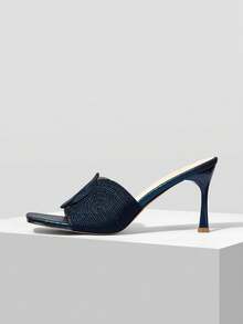 MOTF PREMIUM WOMEN BEARD DETAIL SQUARE TOE HEELED SANDALS - Navy Blue - View 2
